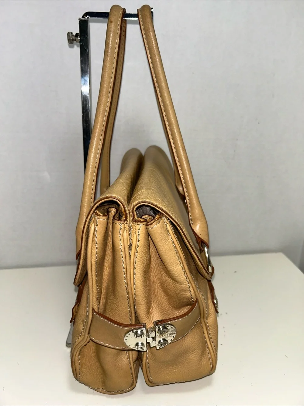 Michael Kors Y2K Tan Pebbled Leather Double Flap Three Section Satchel
